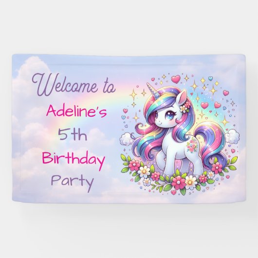 Rainbow Unicorn Girl's Birthday Party Personalized Spandoek (Horizontaal)