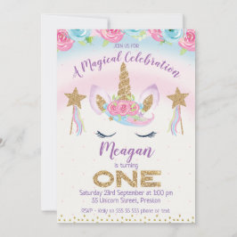 Rainbow Unicorn Glitter 1e verjaardag uitnodiging