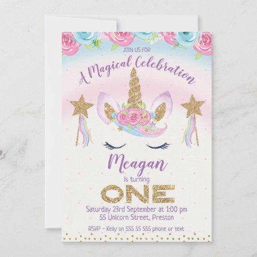 Rainbow Unicorn Glitter 1e verjaardag uitnodiging (Voorkant)
