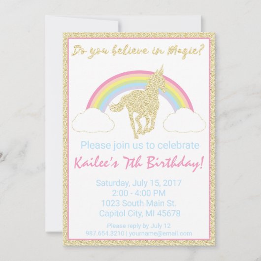 Rainbow Unicorn Glitter Birthday Party Invitation Kaart (Voorkant)