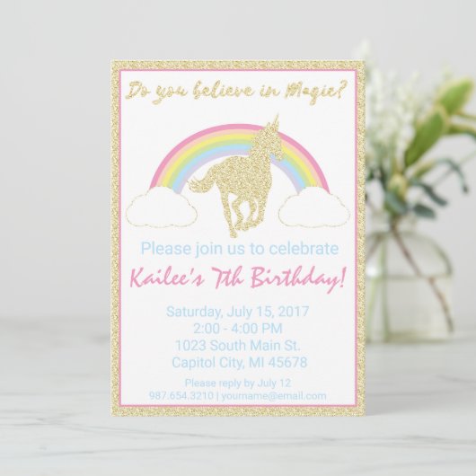 Rainbow Unicorn Glitter Birthday Party Invitation Kaart (Staand voorkant)