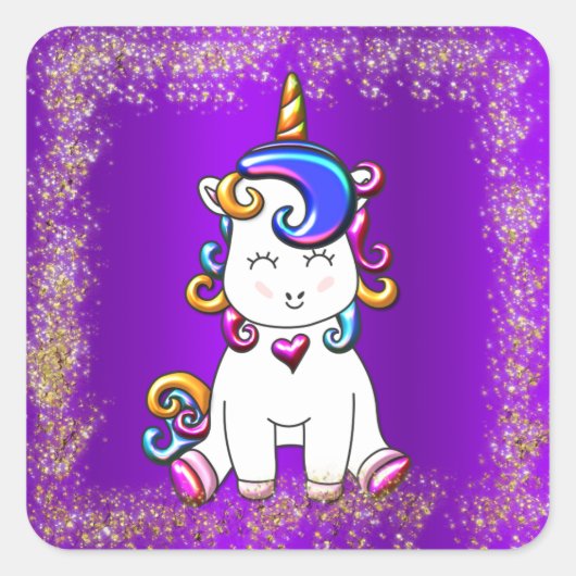 Rainbow Unicorn Glitter Paars Vierkante Sticker (Voorkant)