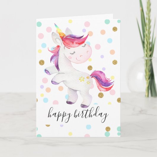 Rainbow Unicorn Glitter Polka Dot Girl Verjaardag Kaart (Voorkant)