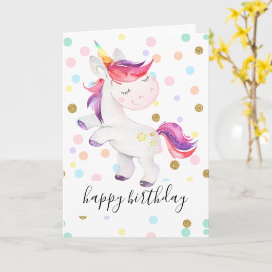 Rainbow Unicorn Glitter Polka Dot Girl Verjaardag Kaart (Gele Bloem)