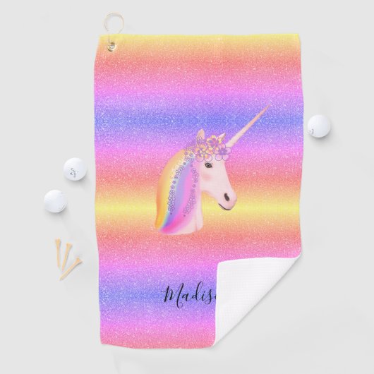 Rainbow Unicorn Glitter Sparkles Personalized Golfhanddoek (Insitu)