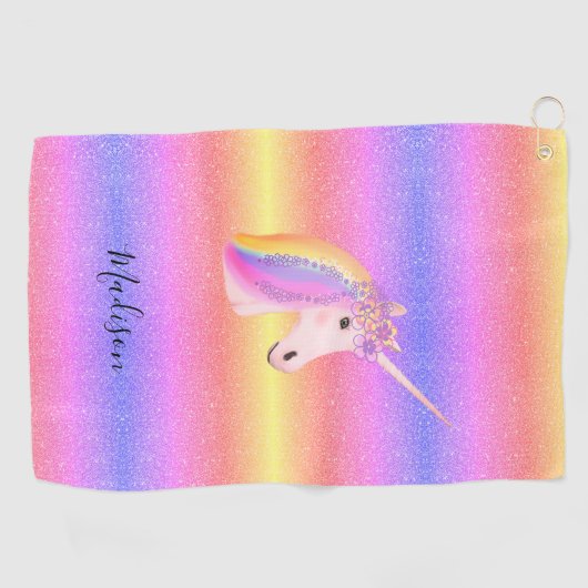 Rainbow Unicorn Glitter Sparkles Personalized Golfhanddoek (Horizontaal)