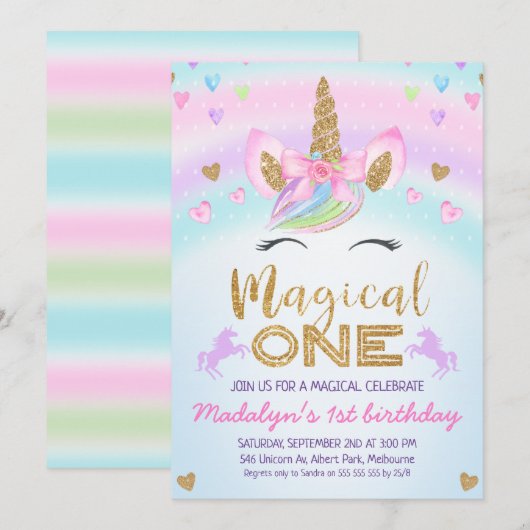 Rainbow Unicorn Gold Glitter 1e verjaardag Kaart (Voorkant / Achterkant)