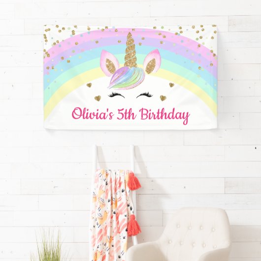Rainbow Unicorn Gold Glitter Girl Birthday Banner (Insitu)
