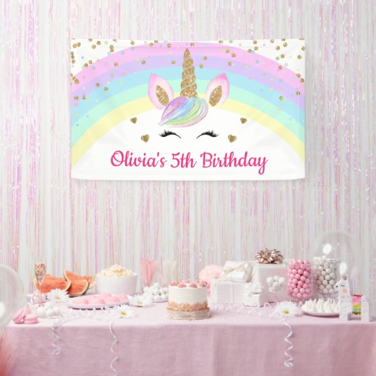 Rainbow Unicorn Gold Glitter Girl Birthday Banner (Feest)