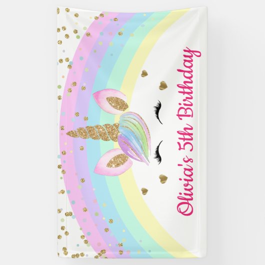 Rainbow Unicorn Gold Glitter Girl Birthday Banner (Verticaal)