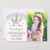 Rainbow Unicorn Gold Glitter Girl Foto Bedankkaart (Voorkant)