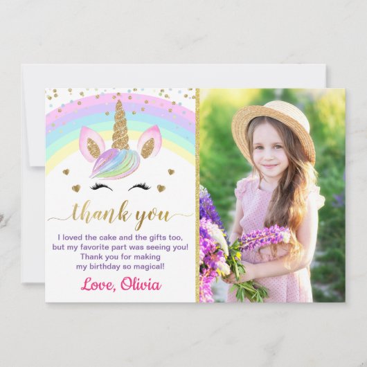 Rainbow Unicorn Gold Glitter Girl Foto Bedankkaart (Voorkant)