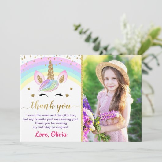 Rainbow Unicorn Gold Glitter Girl Foto Bedankkaart (Staand voorkant)
