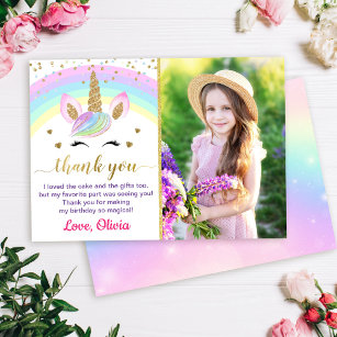 Rainbow Unicorn Gold Glitter Girl Foto Bedankkaart