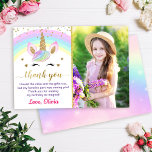 Rainbow Unicorn Gold Glitter Girl Foto Bedankkaart<br><div class="desc">Rainbow Unicorn Gold Glitter Girl Birthday Foto bedankt</div>