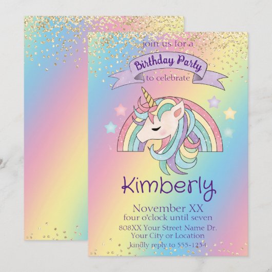 Rainbow Unicorn Gold Glitter Verjaardag Kaart (Voorkant / Achterkant)