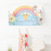 Rainbow unicorn Happy Birthday bloemen schattig Spandoek (Insitu)