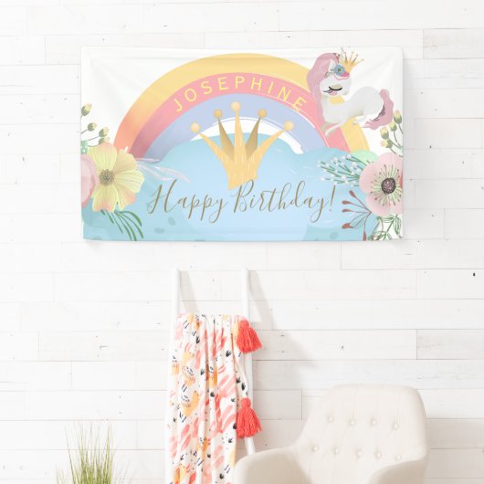 Rainbow unicorn Happy Birthday bloemen schattig Spandoek (Insitu)