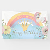 Rainbow unicorn Happy Birthday bloemen schattig Spandoek (Horizontaal)