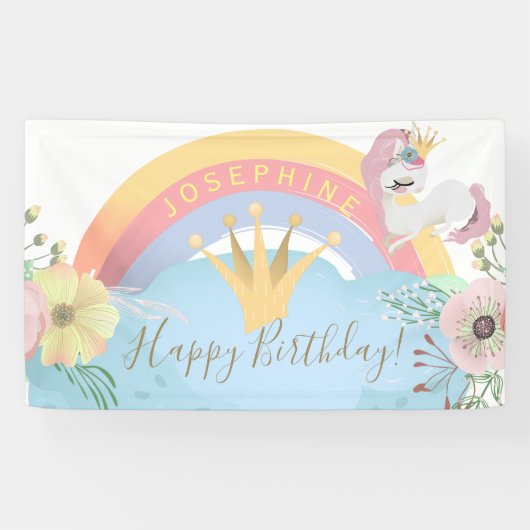 Rainbow unicorn Happy Birthday bloemen schattig Spandoek (Horizontaal)