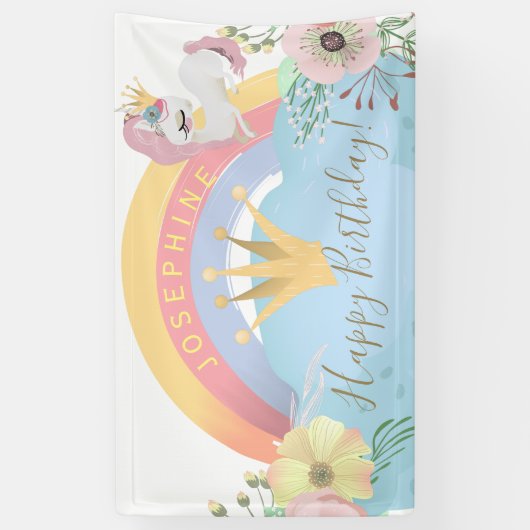 Rainbow unicorn Happy Birthday bloemen schattig Spandoek (Verticaal)