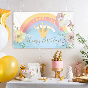 Rainbow unicorn Happy Birthday bloemen schattig Spandoek
