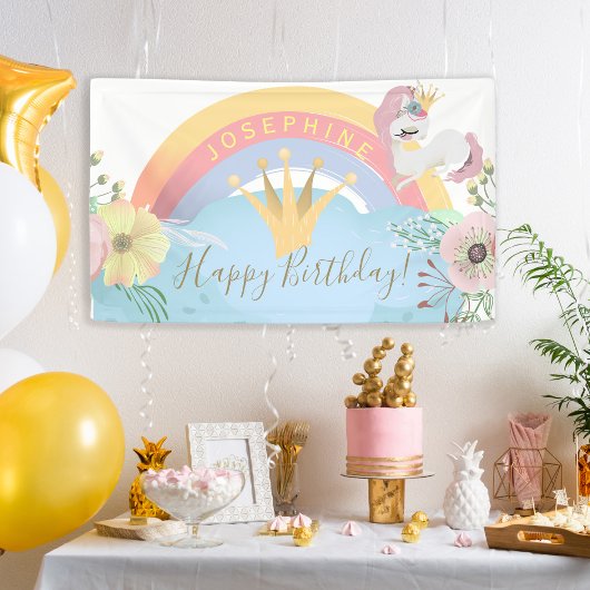 Rainbow unicorn Happy Birthday bloemen schattig Spandoek