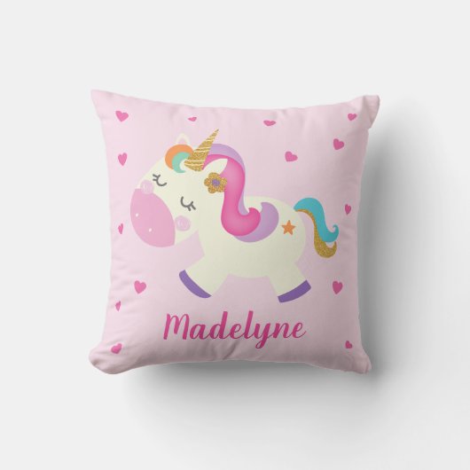 Rainbow Unicorn Hearts gepersonaliseerd roze Kussen (Voorkant)