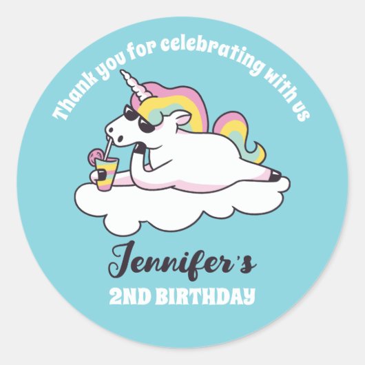 Rainbow Unicorn in Sunbril Birthday Party Favor Ronde Sticker (Voorkant)