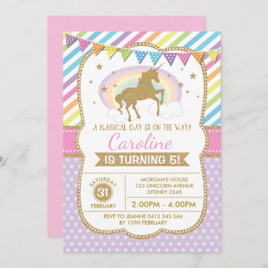Rainbow Unicorn Invitation Birthday Party nodigt u Kaart (Voorkant / Achterkant)