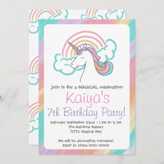 Rainbow Unicorn Invitation Kaart (Voorkant / Achterkant)