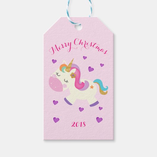 Rainbow Unicorn Kerstmis Glitter Pink Cadeaulabel (Voorkant)