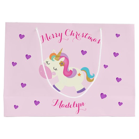 Rainbow Unicorn Kerstmis Glitter Pink Groot Cadeauzakje (Achterkant)