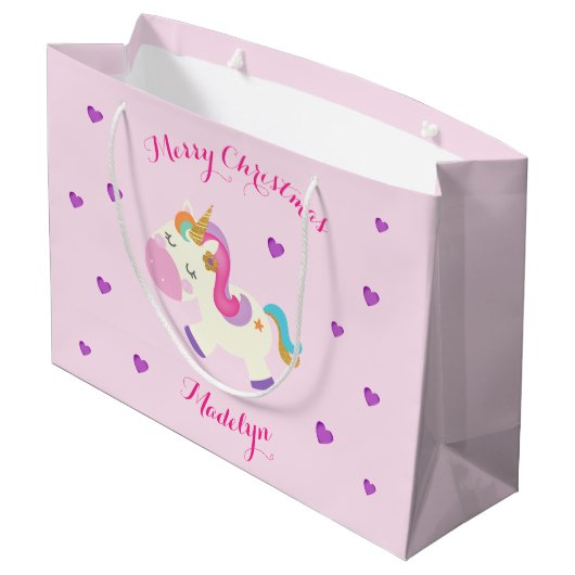 Rainbow Unicorn Kerstmis Glitter Pink Groot Cadeauzakje (Achterkant Gekanteld)