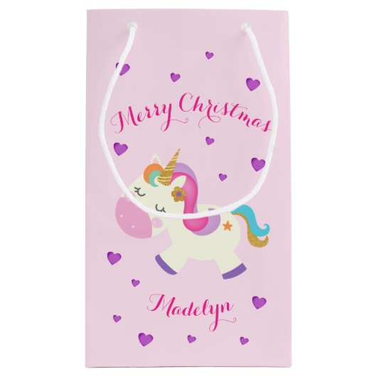 Rainbow Unicorn Kerstmis Glitter Pink Klein Cadeauzakje (Achterkant)