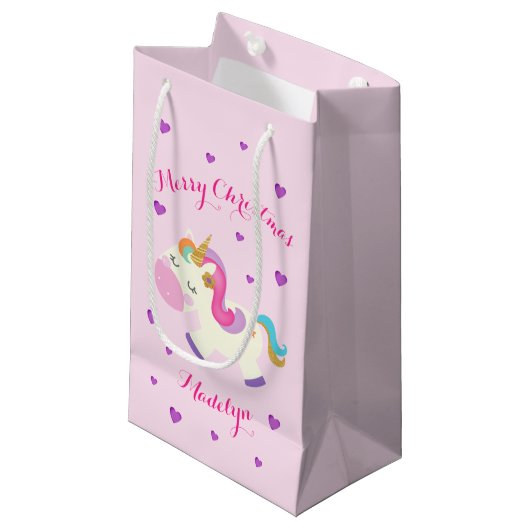Rainbow Unicorn Kerstmis Glitter Pink Klein Cadeauzakje (Voorkant Gekanteld)