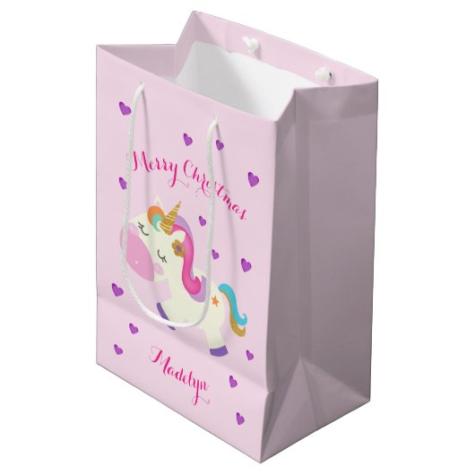 Rainbow Unicorn Kerstmis Glitter Pink Medium Cadeauzakje (Voorkant Gekanteld)