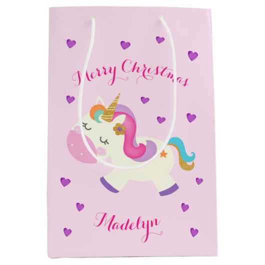 Rainbow Unicorn Kerstmis Glitter Pink Medium Cadeauzakje (Voorkant)