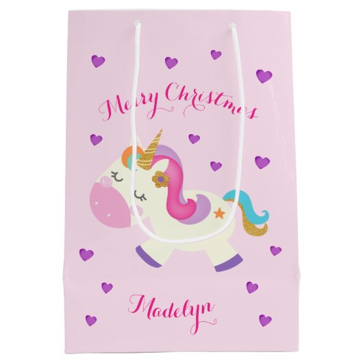 Rainbow Unicorn Kerstmis Glitter Pink Medium Cadeauzakje (Achterkant)