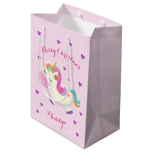Rainbow Unicorn Kerstmis Glitter Pink Medium Cadeauzakje (Achterkant Gekanteld)