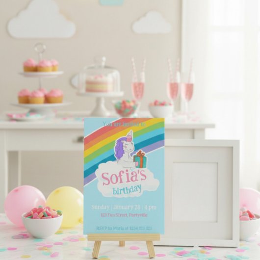 Rainbow Unicorn Kids Party Invitation Kaart