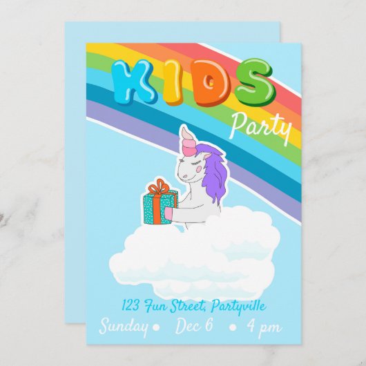Rainbow Unicorn Kinder Partij Uitnodiging (Voorkant / Achterkant)