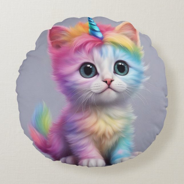 Rainbow Unicorn Kitten Rond Kussen (Voorkant)