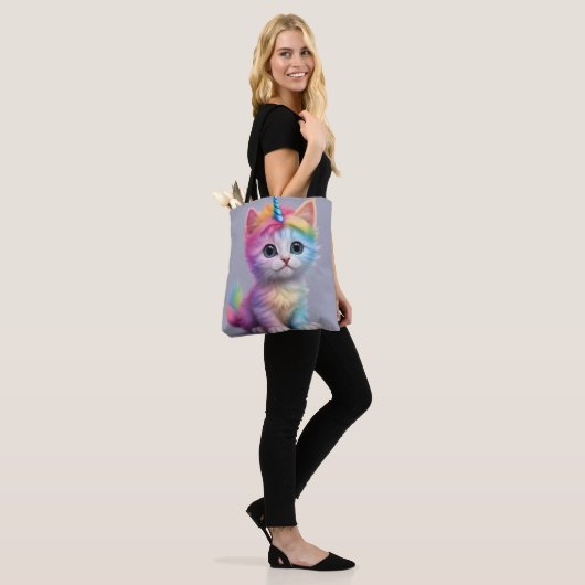 Rainbow Unicorn Kitten Tote Bag (Op model)