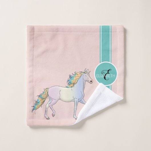 Rainbow Unicorn, kleurrijke sterstaven monogram Bad Handdoek (Wasdoekje)
