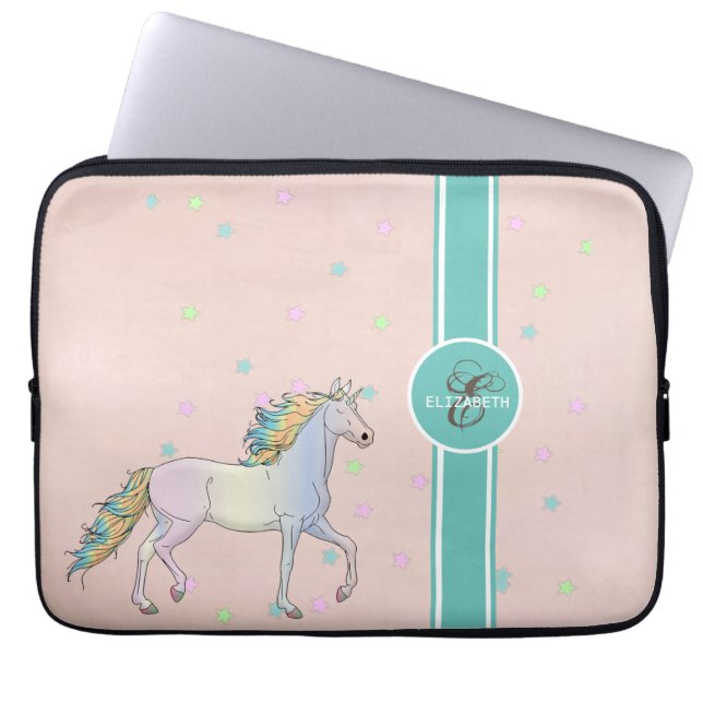 Rainbow Unicorn, kleurrijke sterstaven monogram Laptop Sleeve (Voorkant)