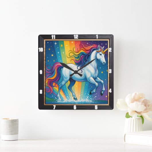 Rainbow Unicorn Magic Fantasy Vierkante Klok (Huis)