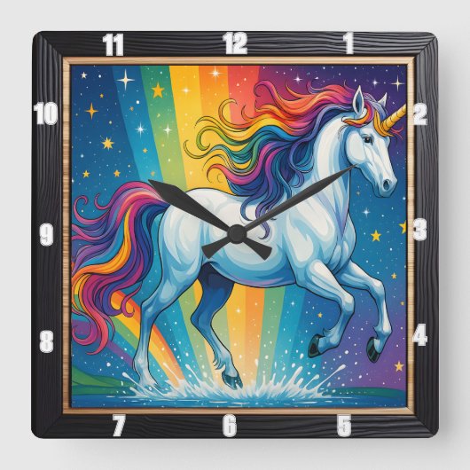 Rainbow Unicorn Magic Fantasy Vierkante Klok (Voorkant)