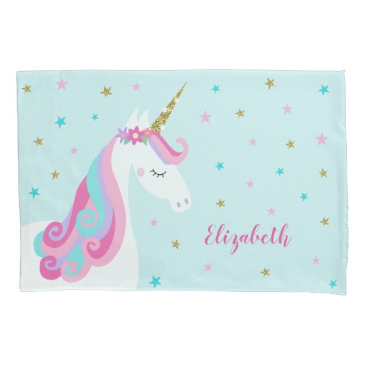 Rainbow Unicorn Magical Glitter Aqua Kussensloop (Voorkant)