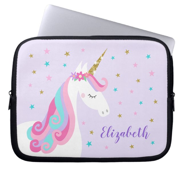 Rainbow Unicorn Magical Glitter Paars Laptop Sleeve (Voorkant)
